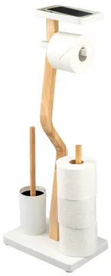 Produktbild von eluno Stand WC-Garnitur 4in1, WC-Bürste, Rollenhalter, Ablage aus Holz und weißem Metall