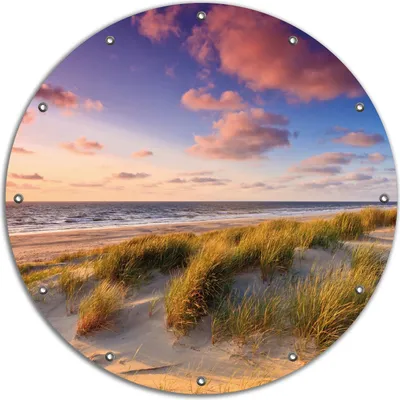 Produktbild von Wallario rundes Outdoor-Poster für Garten oder Balkon, Motiv Abendspaziergang am Strand - Sonnenuntergang über dem Meer, 90 cm Durchmesser