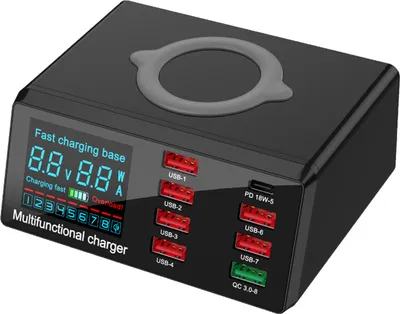Produktbild von X9 100 W 8-Port-Ladestation USB-Ladegeraet-Hub Kabellose Ladestation QC3.0 PD-Schnellladeadapter Kabelloses Ladepad mit digitalem LCD-Display