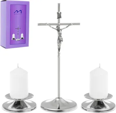 Produktbild von Minimalistisches Weihnachtslieder-Set, Kreuz, Kerzenleuchter, silber, 17 cm
