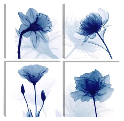 Leinwandbild 4er-Set, abstrakte Blume, blau, 30x30 cm