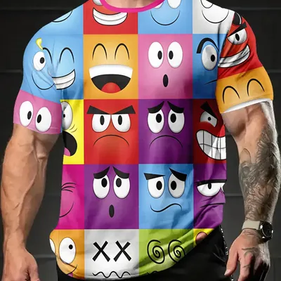 Produktbild von Herren T-Shirt Übergröße, Kurzarmshirt aus Polyester mit buntem Emoji Print, lustiges Freizeit Shirt für Alltag 2XL