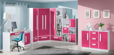 Produktbild von Jugendzimmer Kinderzimmer Set C Walter, 6-teilig, Farbe: Rosa Hochglanz / Weiß