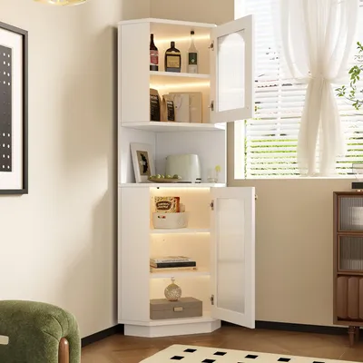 Produktbild von Bad-Eckschrank - 45x45x166,5 cm weiß - mit Lichtleiste & verstellbaren Böden