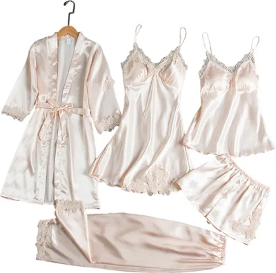 Produktbild von 5-teiliges Pyjama-Set für Damen, Nachthemd, Oberteil, Shorts, Hosen, seidig, Satin, Spitze, Patchwork, lockere Schnürung, Taille, dünnes Damen-Homewear-Set, Nachtwäsche-Set