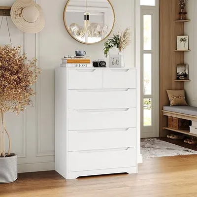 Productafbeelding van Witte commode, commode met 6 lades, hoge kast met veel opbergruimte, commodeset voor slaapkamer, woonkamer, hal, studeerkamer, zonder handgrepen, 110,5 x 70 x 40 cm