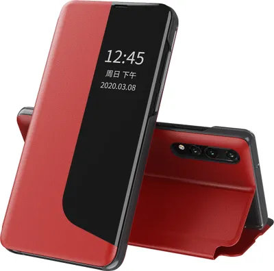 A red and black flip case for a smartphone is shown standing upright.
