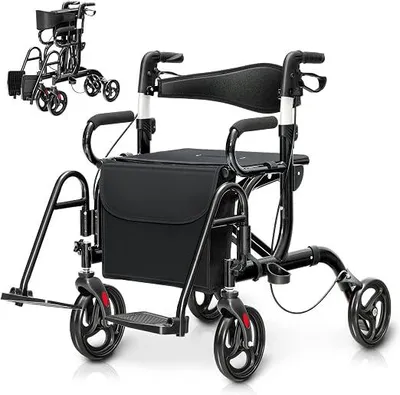 Produktbild von 2 in 1 Rollstuhl Rollator faltbar & leicht mit Sitz, Gehhilfe 6-fach höhenverstellbar, Alu Gehwagen bis 160kg belastbar, Reiserollator Laufhilfe mit Stockhalter Tasche & Bremse (Schwarz)