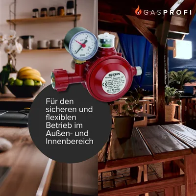 A split image showing a gas regulator in a kitchen setting on the left and an outdoor patio setting on the right.