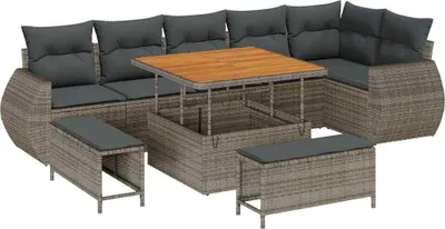 Immagine prodotto di vidaXL Set di divani da giardino con cuscini e contenitore 9 pezzi in polirattan grigio