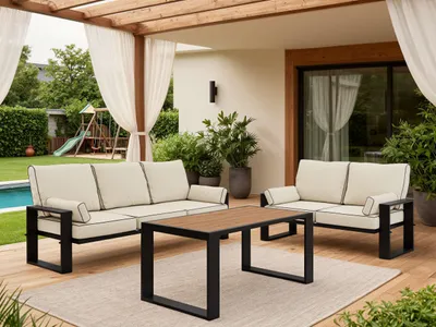 Produktbild von MKS MEBLE Gartenmöbel Set für Terrasse, mit Tisch für 5 Personen, auf Metallbeinen, Gartenlounge mit Sofa, Gartensofas - ELBA 2 - beige