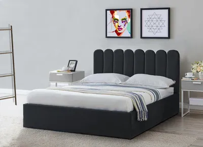 Produktbild von Polsterbett Venezia - Bett mit Stauraum, Bettkasten mit Gasdruckfeder, Kopfteil in Lamellenform, Silberne Beine, Velutto Stoff 212x190x103 cm Grau