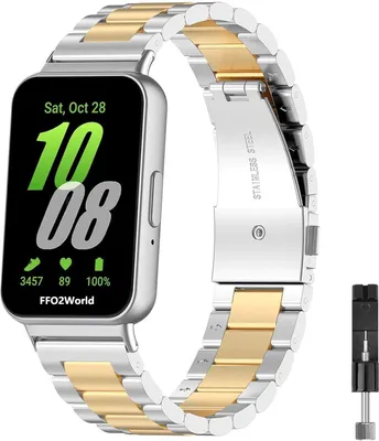 Produktbild von FFO2World Stahlgliederarmband - Passend für Samsung Galaxy Fit 3 - Metallarmband aus Edelstahl - Silber/Gold (Inklusive Kürzungswerkzeug)