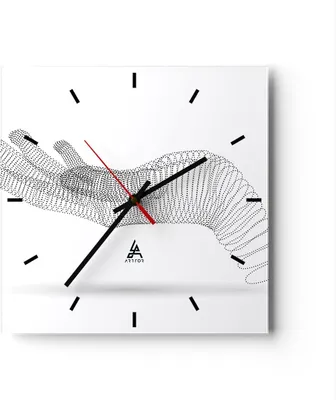 Produktbild von Wanduhr - Quadrat - Glasuhr - Hand Grafik weiß - 30x30cm - Schleichendes Uhrwerk - Lautlos - zum Aufhängen bereit - Dekoration Modern - Wanddekoration aus Glas - C3AC30x30-4427