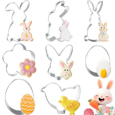 Produktbild von Oster-Ausstechformen-Set, 8-teilig, Osterhasen-Ausstechformen, Osterhase, Ausstechformen aus Edelstahl, Oster-Ausstechformen zum Backen, Küken, Hasenkopf, Ei, Blume