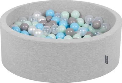 Zdjęcie produktu dla KiddyMoon suchy basen okrągły z piłeczkami 7cm jasnoszary: perła-szary-transparent-babyblue-mięta 90x30cm/200piłek zabawka basen piankowy
