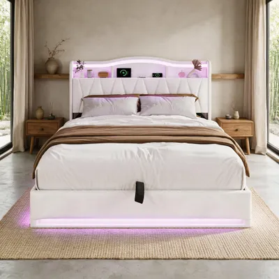 Zdjęcie produktu dla Łóżko tapicerowane INONEFT, 160x200 cm, z oświetleniem LED i funkcją ładowania USB, łóżko młodzieżowe z hydraulicznym pojemnikiem i pojemnikiem w zagłówku, kolor beżowy