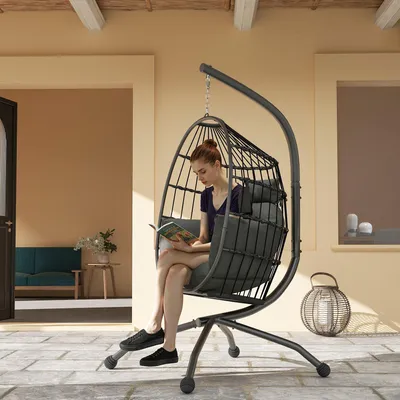 Produktbild von SUGIFT faltbarer Korbsitz, Hängesessel mit Gestell, Stahl-Ständer, Kopfstütze, Becherhalter, Schwarz | 23 kg | 120 x 88 x 192 cm