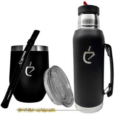 Obrázok produktu pre Un Mate TERMOLID 4-dielna súprava na yerba maté – termoska 1 l, nerezový termohrnček 350 ml, bombilla 16 cm a kefka, čierna