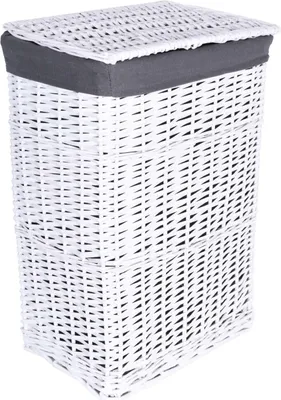 A white wicker laundry basket with a gray fabric lid, shown against a white background.