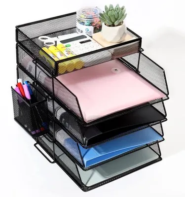 Image de Support de bureau métallique Unyqoos® – 4 boîtes de rangement empilables (35 x 25 x 6,9 cm), couleur noire, en acier robuste, avec porte-stylos, assemblage facile sans outils, compatible format A4