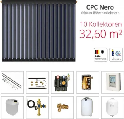 Produktbild von Solarbayer Komplettsolarpaket CPC NERO10Z Bruttogesamtfläche 32,60m² Vakuumröhre