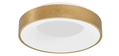 A modern, circular ceiling light with a textured gold band around the edge and a white diffuser.