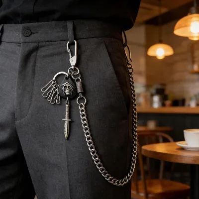 Herren Leder Hosenkette 60 cm mit Totenköpfen