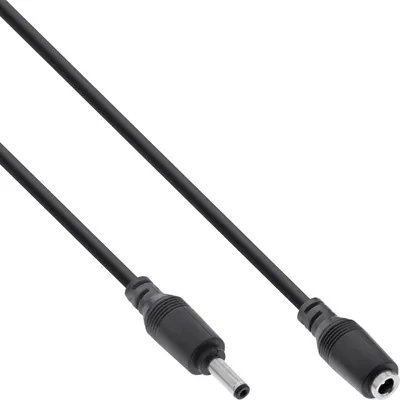 A black DC power extension cable with a male plug on one end and a female socket on the other, shown against a white background.