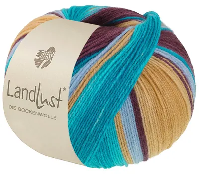 Produktbild von Lana Grossa - Landlust die Sockenwolle 0134 hellblau sandgelb türkis petrol brombeer gestreift