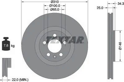 Produktbild von 2x TEXTAR Bremsscheibe 92275905 für VW Polo Schrägheck (6R1 6C1) 34 3mm 7 8kg