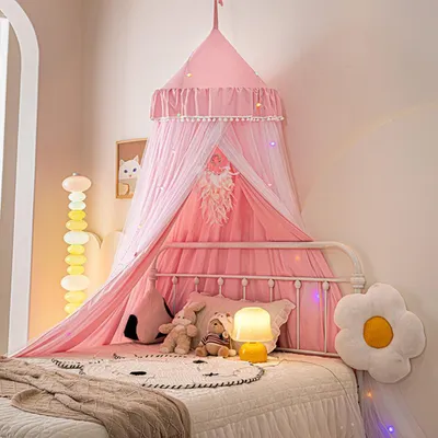 Obrázek produktu pro 65 x 270 cm Moskytiéra na postel Dětská růžová Dětská postýlka Baldachýn Pompom Dvoupodlažní moskytiéra Baldachýn