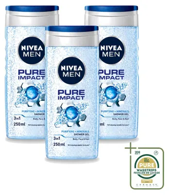 Productafbeelding van 3 x Nivea Men Douchegel Pure Impact 3-in-1 - 250 ml - Voordeelverpakking - 3 stuks