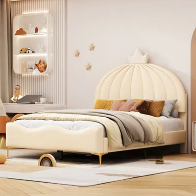 Produktbild von Kinderbett Polsterbett,Bogenförmige Endgestaltung, Kunstlederstoff mit Lattenrost, Juniorbett Gästebett, 140 * 200 cm