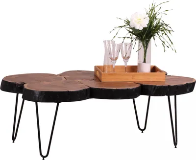 Produktbild von WOHNLING Couchtisch BAGLI Massiv-Holz Akazie 115 cm breit Wohnzimmer-Tisch Design Metallbeine Landhaus-Stil Beistelltisch