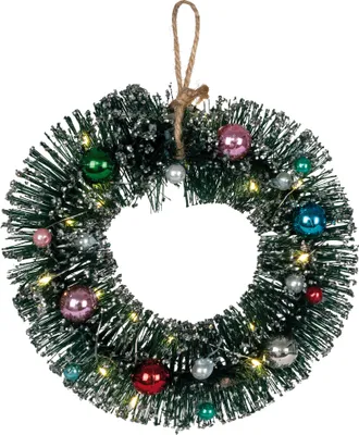Produktbild von Kleiner Deko-Weihnachtskranz ,Decorini', geschmückt, LED Beleuchtung, Batterie + Timer, grün, Ø 20cm