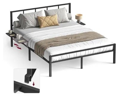 Immagine prodotto di Struttura per letto matrimoniale in metallo con vani portaoggetti | Colore: nero inchiostro | Dimensioni: 140,5 x 206,5 x 87 cm