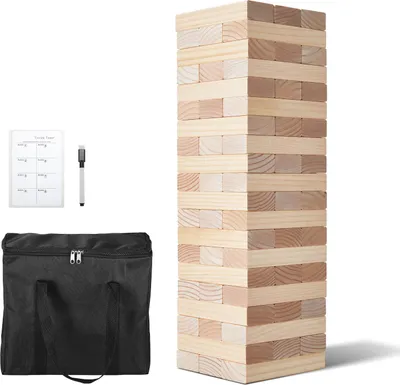 Image de SucceBuy Jouet en bois culbutant, 60 blocs, jeu de blocs géant Tumbling Tower, jeu Tumbling Tower en bois de pin avec sac de transport et tableau d'affichage, jeux familiaux Tumbling Tower pour l'intérieur/l'extérieur