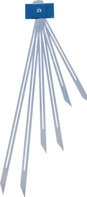 A blue device with multiple metal strips extending downwards.