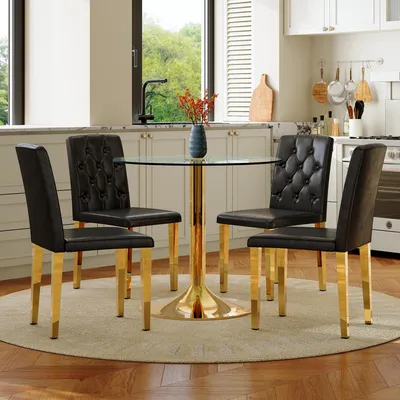 Immagine prodotto di Set tavolo e sedie, tavolo in vetro con diametro di 85 cm, struttura in metallo, 4 sedie da pranzo (color nero e oro, trasparenti)