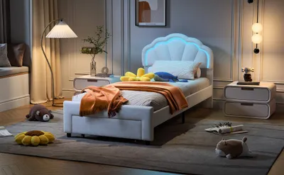 Image de ProximaX Lit fleur 90×200 cm en blanc - Avec tête de lit LED et tiroir au pied - Design élégant en velours - Idéal pour la chambre à coucher ou la chambre d'adolescents