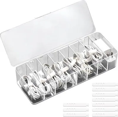Produktbild von Famanu Kabelbox mit Deckel, transparent, 8 Fächer und 10 Kabelbindern - Kabelorganizer