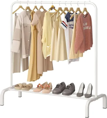 Immagine prodotto di Appendiabiti con ripiano per scarpe - Appendiabiti da ingresso - Struttura in metallo - Modello da appoggio per corridoio/ingresso - Stile moderno - Da montare - Bianco
