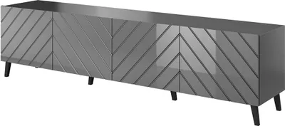 A long, low TV stand with a chevron pattern on the doors, shown from a slight angle against a white background.
