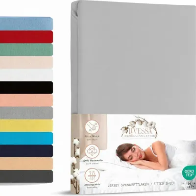 A product image showing a stack of fitted sheets in various colors on the left and a close-up of a folded fitted sheet with marketing information and a person sleeping on a bed on the right.