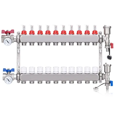 Produktbild von 10 Heizkreise Heizkreisverteiler inkl. 1" Kugelhähne mit Thermometer Entlüfter Flussmesser Durchflussmesser | für Eurokonus 3/4 | Fußbodenheizung HKV
