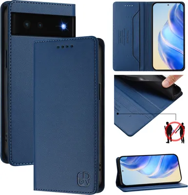 Produktbild von Lederhülle für Google Pixel 6 Hülle Flip Brieftasche Kartenfächern Ständer Schutzhülle Blau