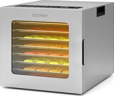 Zdjęcie produktu dla Odwadniacz COSTWAY 850W z 8 komorami, odwadniacz z 48-godzinnym timerem i regulacją temperatury 35℃-75℃, odwadniacz do suszenia owoców, żywności i owoców