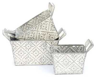 Obrázek produktu pro 3 kovové květináče, bílé barvy: 12,3 x 9 x 8 cm, 15 x 11 x 9 cm a 18 x 13,5 x 10 cm. Sada 2 kusů