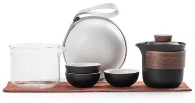 Obrázek produktu pro Cestovní čajová souprava, porcelán, včetně konvice, čajové soupravy a 3 šálků, černá barva